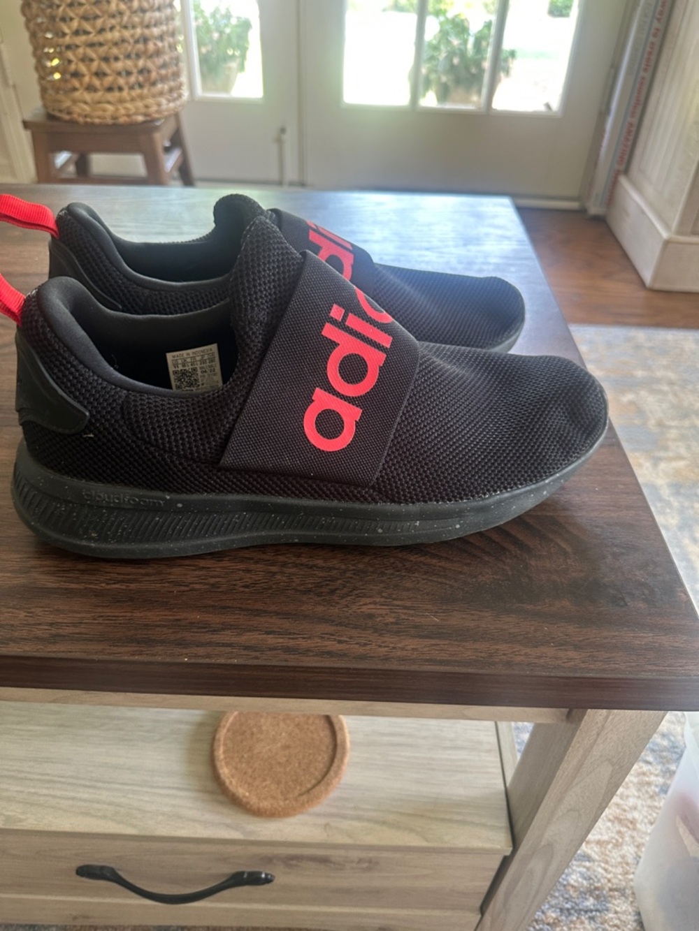adidas Cloudfoam Men’s Black Slip-On Sneakers with Red Logo Strap